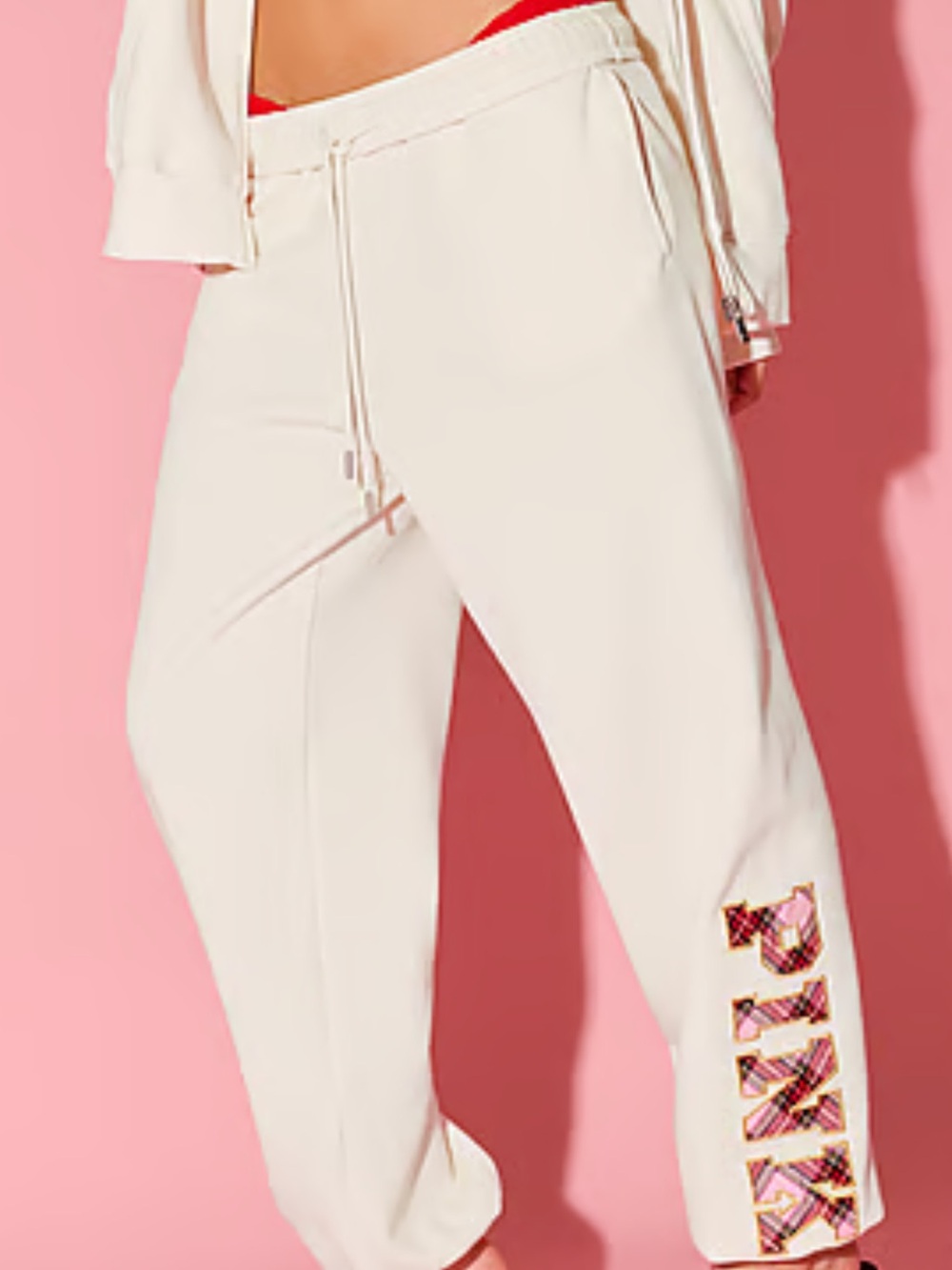 PINK Victoria's Secret Cream Jogger Pants with Plaid Logo